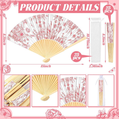 25 Sets Pink Floral Folding Fans, Wedding Favors for Guests