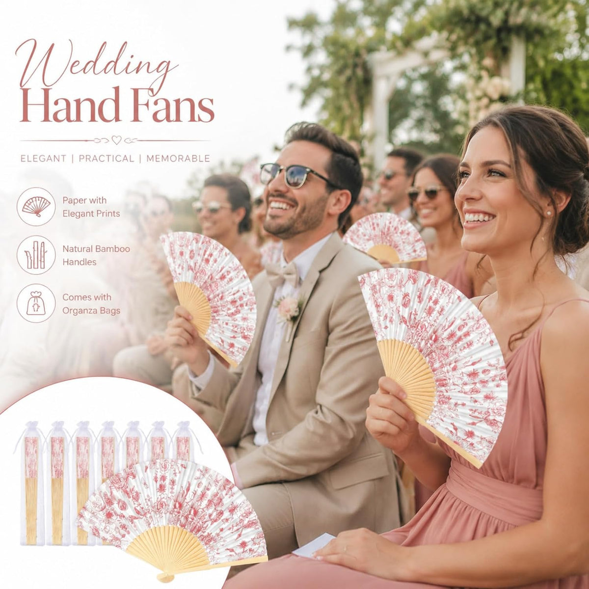 25 Sets Pink Floral Folding Fans, Wedding Favors for Guests