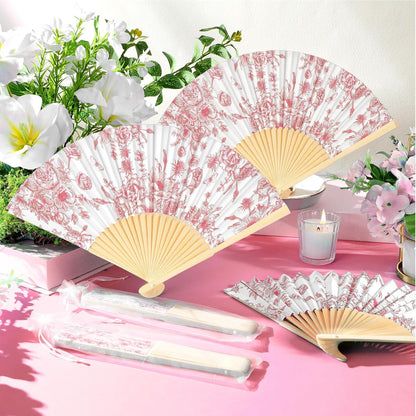 25 Sets Pink Floral Folding Fans, Wedding Favors for Guests