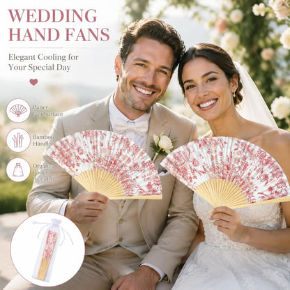 25 Sets Pink Floral Folding Fans, Wedding Favors for Guests