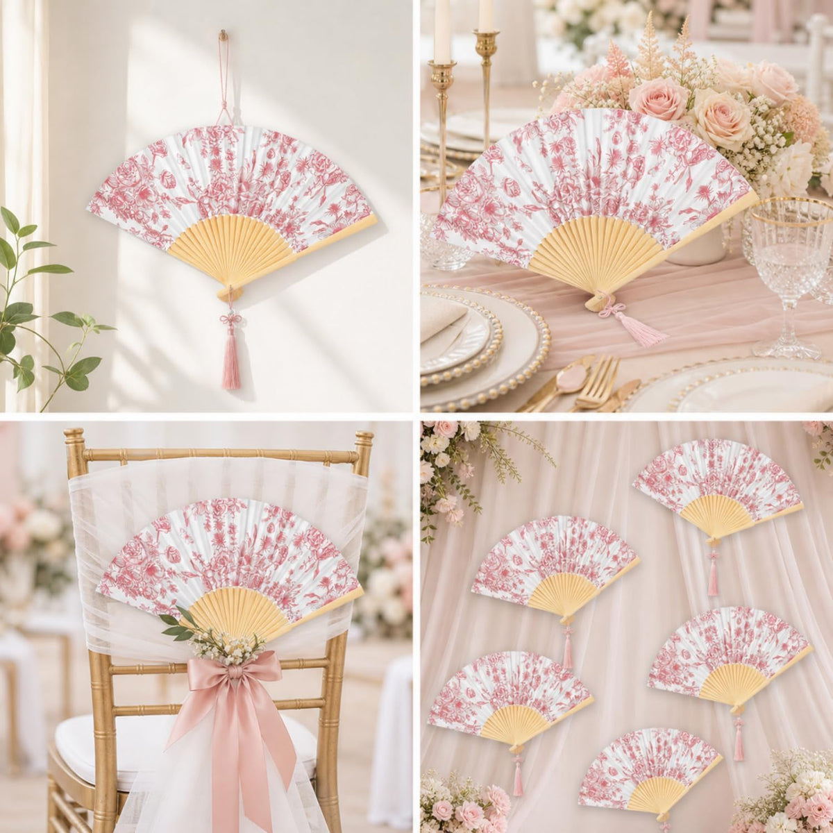 25 Sets Pink Floral Folding Fans, Wedding Favors for Guests