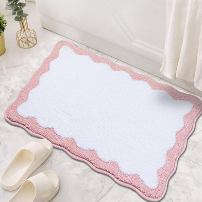 Pink Bathroom Rugs Soft Non Slip Pink Bath Mat Irregular Shaped Scalloped Bath Mat for Preppy Bedroom Decor Aesthetic Luxury Microfiber Machine Washable Funky Cute Rug for Bedroom Tub Shower 16" x 24"