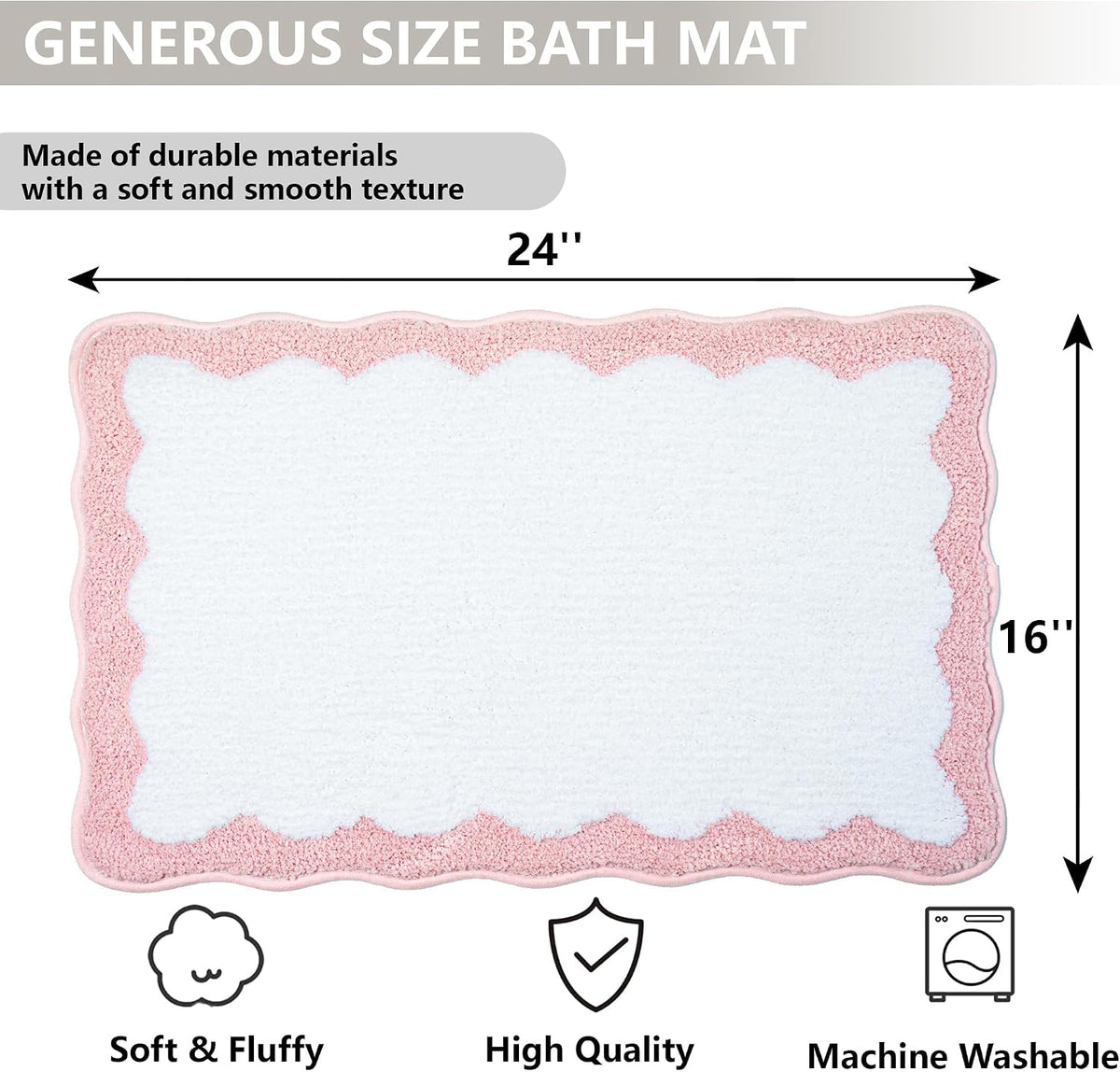 Pink Bathroom Rugs Soft Non Slip Pink Bath Mat Irregular Shaped Scalloped Bath Mat for Preppy Bedroom Decor Aesthetic Luxury Microfiber Machine Washable Funky Cute Rug for Bedroom Tub Shower 16" x 24"