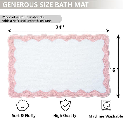 Pink Bathroom Rugs Soft Non Slip Pink Bath Mat Irregular Shaped Scalloped Bath Mat for Preppy Bedroom Decor Aesthetic Luxury Microfiber Machine Washable Funky Cute Rug for Bedroom Tub Shower 16" x 24"
