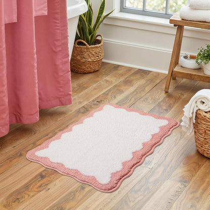 Pink Bathroom Rugs Soft Non Slip Pink Bath Mat Irregular Shaped Scalloped Bath Mat for Preppy Bedroom Decor Aesthetic Luxury Microfiber Machine Washable Funky Cute Rug for Bedroom Tub Shower 16" x 24"
