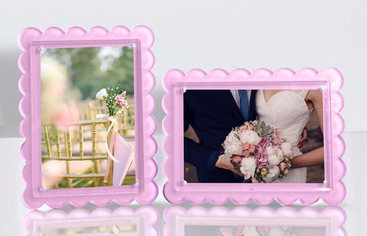 2‑Pack 5×7 Scalloped Acrylic Photo Frames – Pink Magnetic Floating Display, Dual Orientation Tabletop Frames, Modern Minimalist Gift Décor