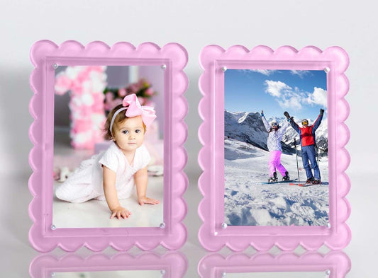 2‑Pack 5×7 Scalloped Acrylic Photo Frames – Pink Magnetic Floating Display, Dual Orientation Tabletop Frames, Modern Minimalist Gift Décor