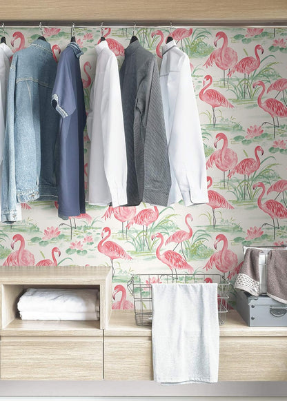 Flamingo Beach Peel & Stick Wallpaper, Pink, Tropical, Self-Adhesive, 20.5-in x 18-ft