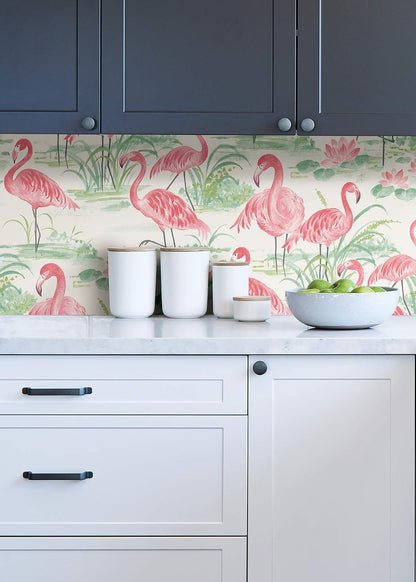 Flamingo Beach Peel & Stick Wallpaper, Pink, Tropical, Self-Adhesive, 20.5-in x 18-ft