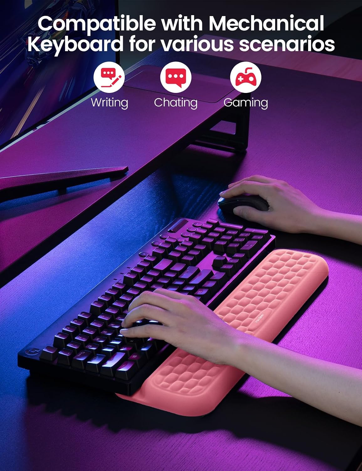 Wrist Rest with Stickers, Full 100% Mechanical Keyboard Rest Support Pad, Desk Ergonomic Cushion for Computer Typing Office Work Home Gaming, Soft Memory Foam Arm Palm Hand Pain Relief-Pink