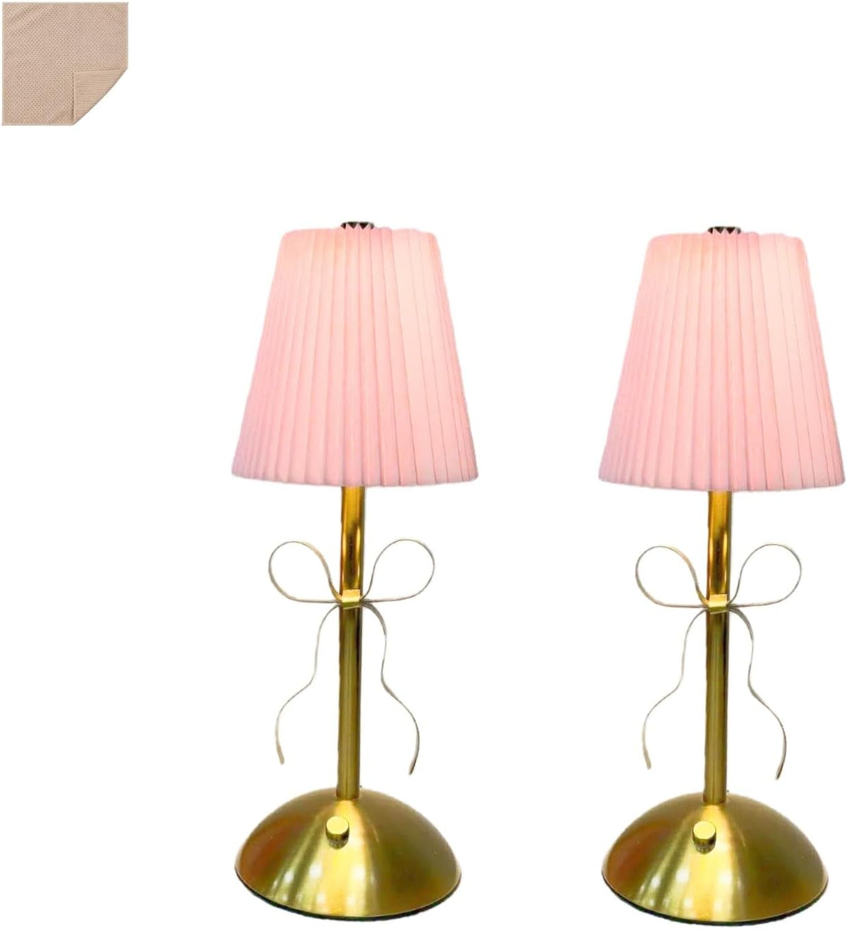 2 Pack Small Gold Bow Table Lamp Desk Lamps,Cordless Metal Rechargeable Bedside Lamp with Fabric Lampshade,Bow Decor for Girls' Rooms, Bedrooms Decoration, and Dining Rooms (Pink+Pink)