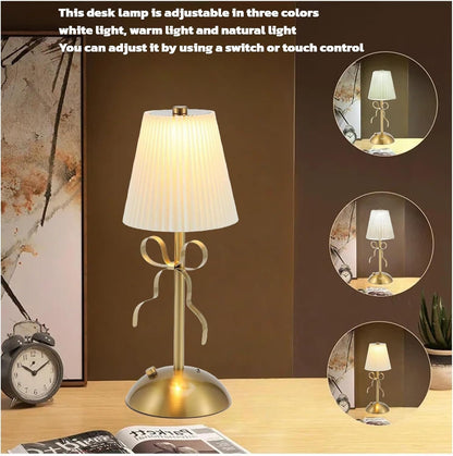 2 Pack Small Gold Bow Table Lamp Desk Lamps,Cordless Metal Rechargeable Bedside Lamp with Fabric Lampshade,Bow Decor for Girls' Rooms, Bedrooms Decoration, and Dining Rooms (Pink+Pink)