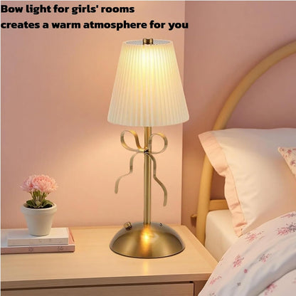 2 Pack Small Gold Bow Table Lamp Desk Lamps,Cordless Metal Rechargeable Bedside Lamp with Fabric Lampshade,Bow Decor for Girls' Rooms, Bedrooms Decoration, and Dining Rooms (Pink+Pink)