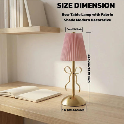 2 Pack Small Gold Bow Table Lamp Desk Lamps,Cordless Metal Rechargeable Bedside Lamp with Fabric Lampshade,Bow Decor for Girls' Rooms, Bedrooms Decoration, and Dining Rooms (Pink+Pink)
