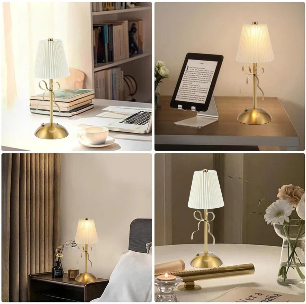2 Pack Small Gold Bow Table Lamp Desk Lamps,Cordless Metal Rechargeable Bedside Lamp with Fabric Lampshade,Bow Decor for Girls' Rooms, Bedrooms Decoration, and Dining Rooms (Pink+Pink)