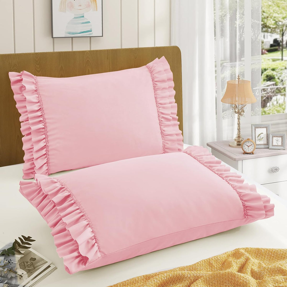 Ruffled Pillow Cases Set of 2, Standard 20x26 Inches, Pink
