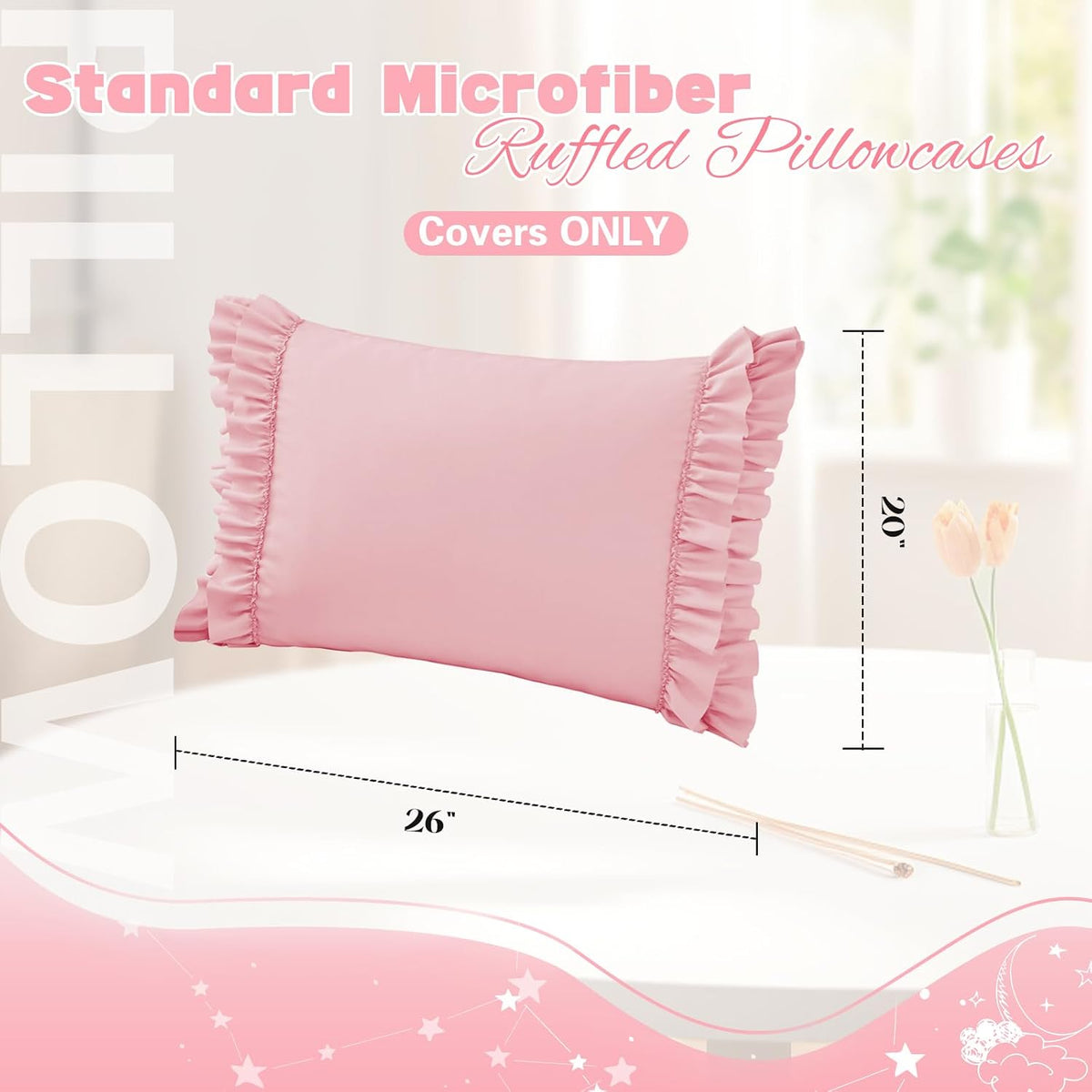 Ruffled Pillow Cases Set of 2, Standard 20x26 Inches, Pink