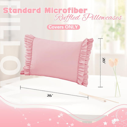 Ruffled Pillow Cases Set of 2, Standard 20x26 Inches, Pink
