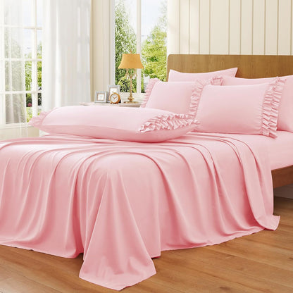 Ruffled Pillow Cases Set of 2, Standard 20x26 Inches, Pink
