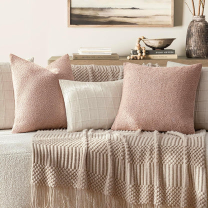 Decorative Textured Boucle Throw Pillow Covers 18x18 Light Pink