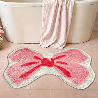 Pink Bow Bathroom Rug for Girls Teens, Ultra Soft Low Pile Washable