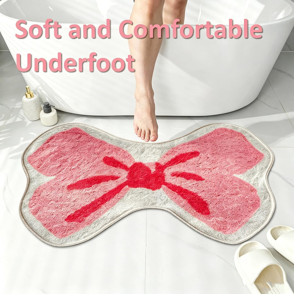 Pink Bow Bathroom Rug for Girls Teens, Ultra Soft Low Pile Washable