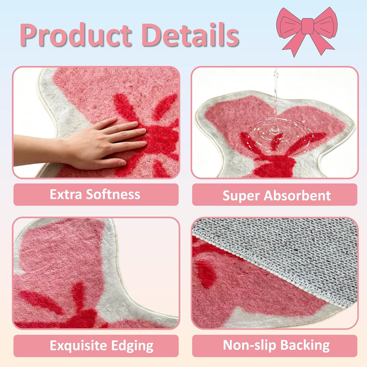 Pink Bow Bathroom Rug for Girls Teens, Ultra Soft Low Pile Washable