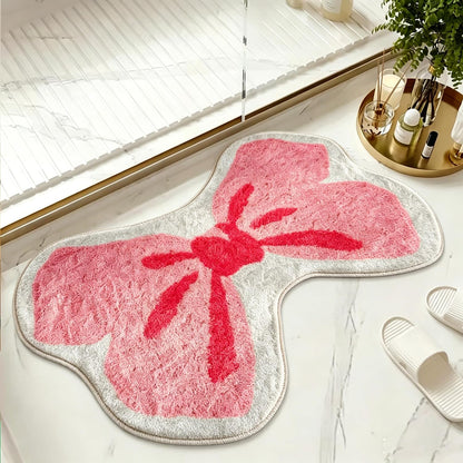 Pink Bow Bathroom Rug for Girls Teens, Ultra Soft Low Pile Washable