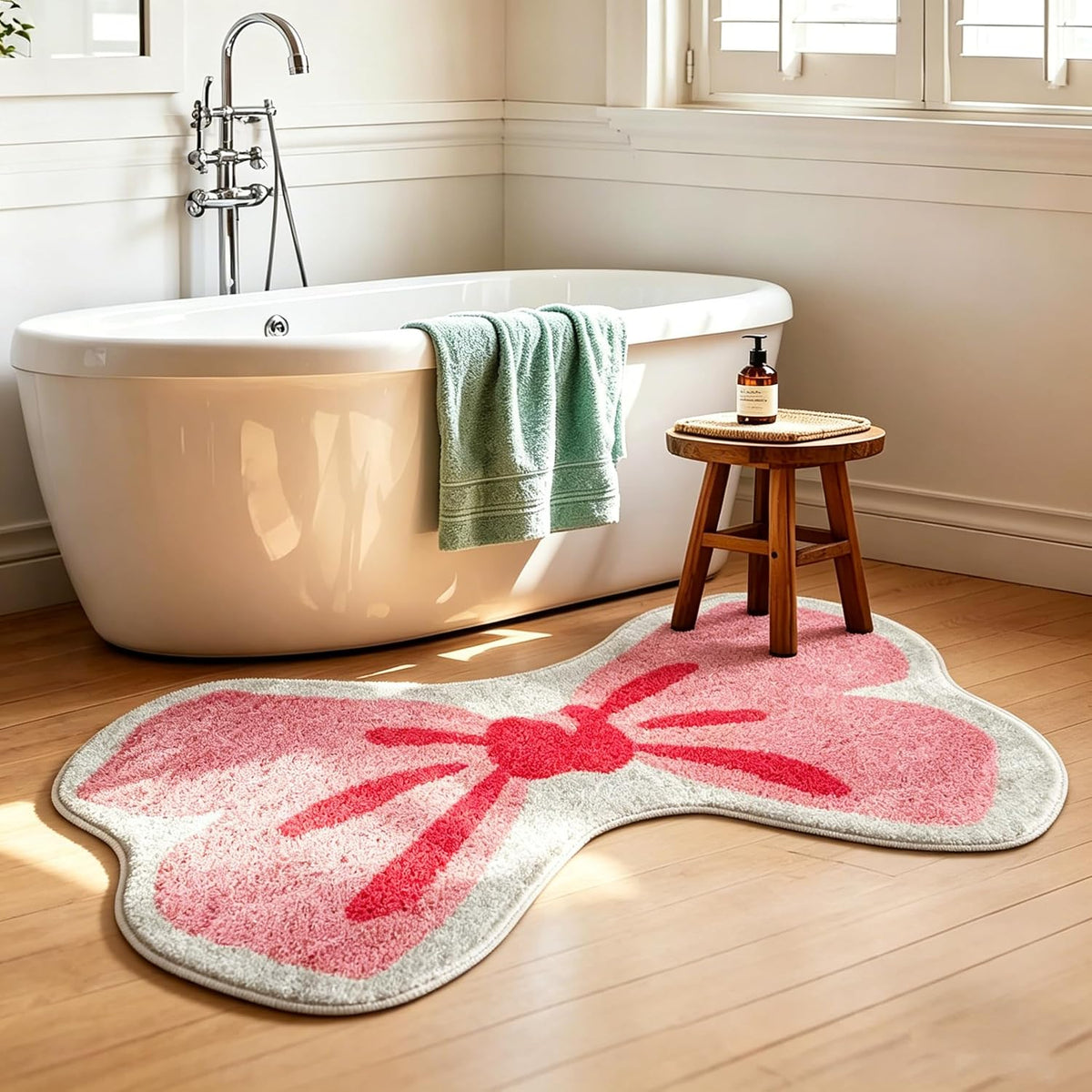 Pink Bow Bathroom Rug for Girls Teens, Ultra Soft Low Pile Washable