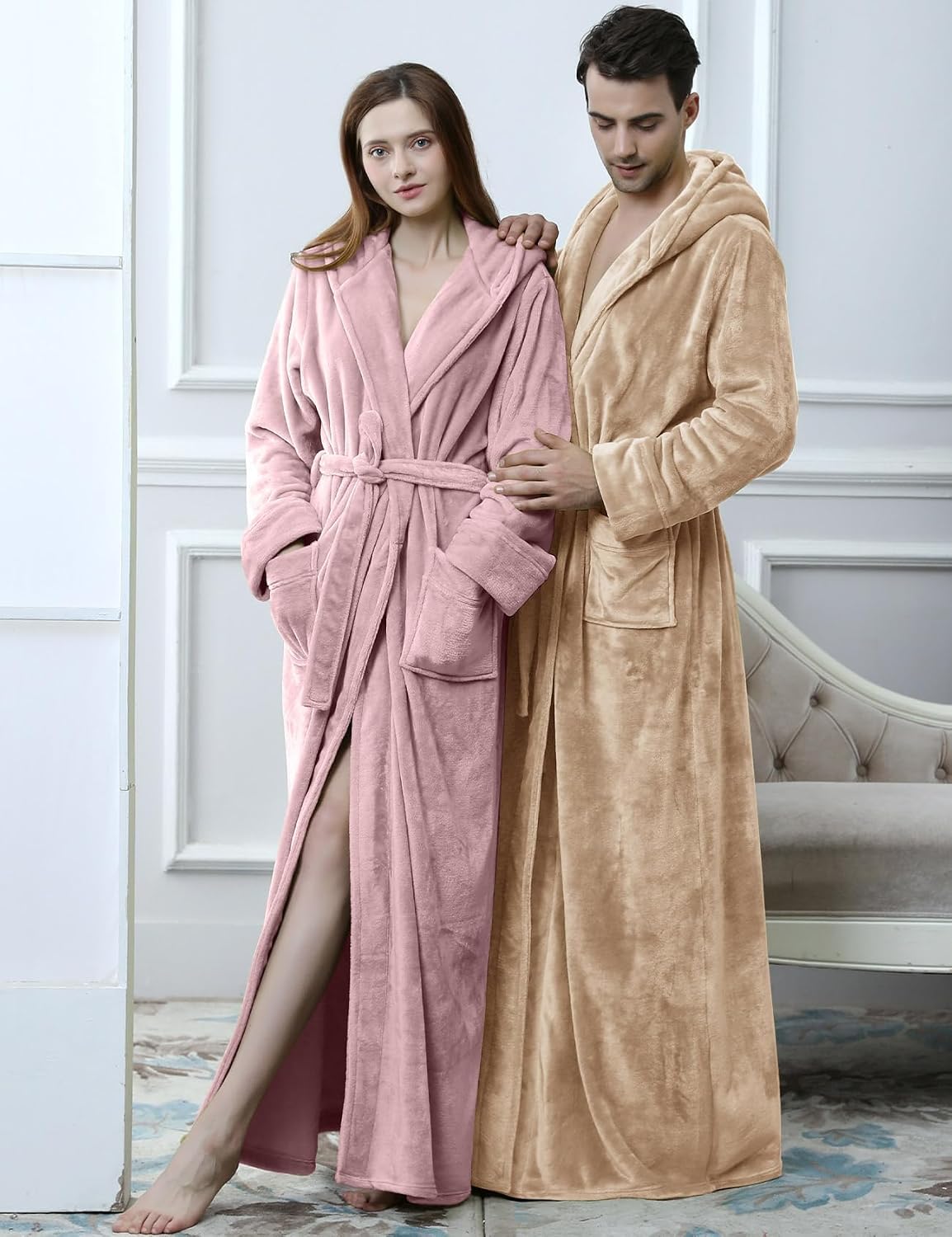 Womens Fluffy Plush Long Hooded Robe Full Length Fleece Bathrobe