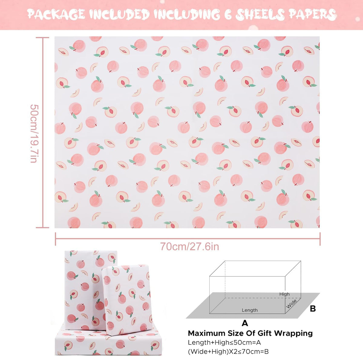 Peach Wrapping Paper, Pink Fruit Wrapping Paper, Cute Sweet Fresh Peaches Gift Wrap Paper 6 Sheets Folded Flat 20x28 inches per Sheet for Birthday, Baby Shower, Wedding, Summer Winter Party
