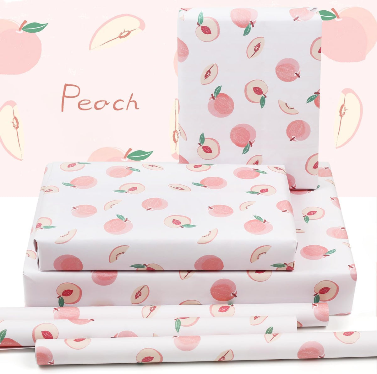 Peach Wrapping Paper, Pink Fruit Wrapping Paper, Cute Sweet Fresh Peaches Gift Wrap Paper 6 Sheets Folded Flat 20x28 inches per Sheet for Birthday, Baby Shower, Wedding, Summer Winter Party