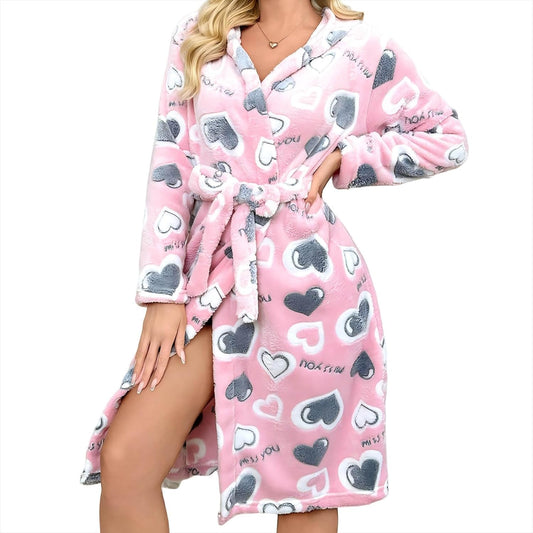 Women's Fuzzy Fleece Short Robe Heart Print Plush Bathrobe Warm Thick Fluffy Loungewear Bath Robes with Belt
