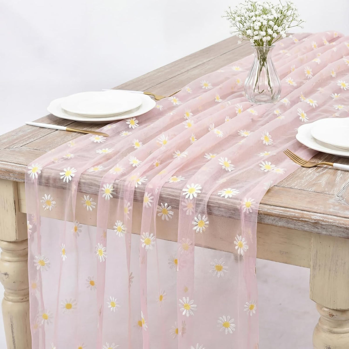 3 Pack 10ft Daisy Floral Tulle Table Runner, Pink