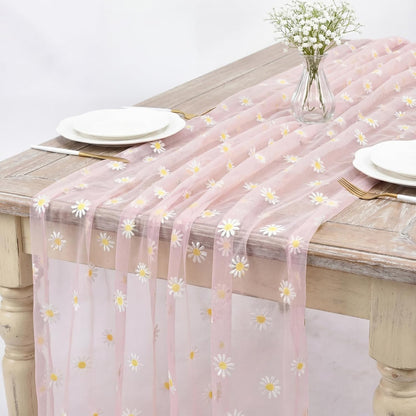 3 Pack 10ft Daisy Floral Tulle Table Runner, Pink