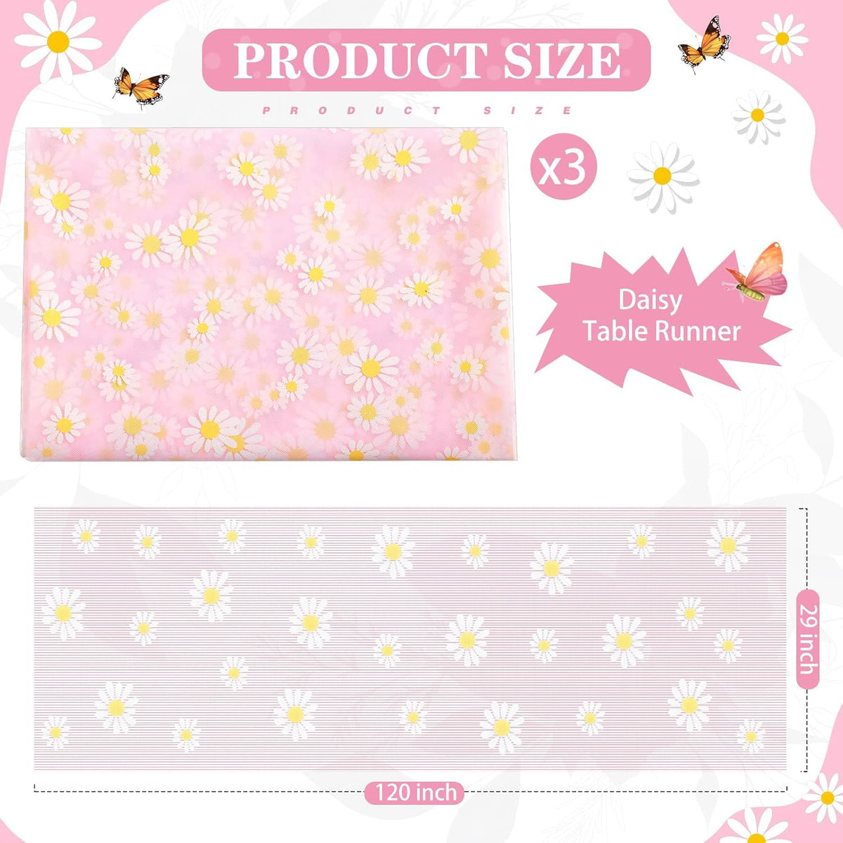 3 Pack 10ft Daisy Floral Tulle Table Runner, Pink