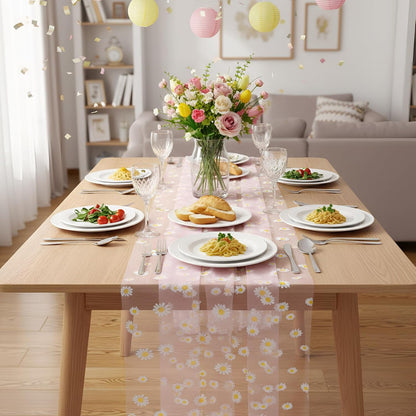 3 Pack 10ft Daisy Floral Tulle Table Runner, Pink