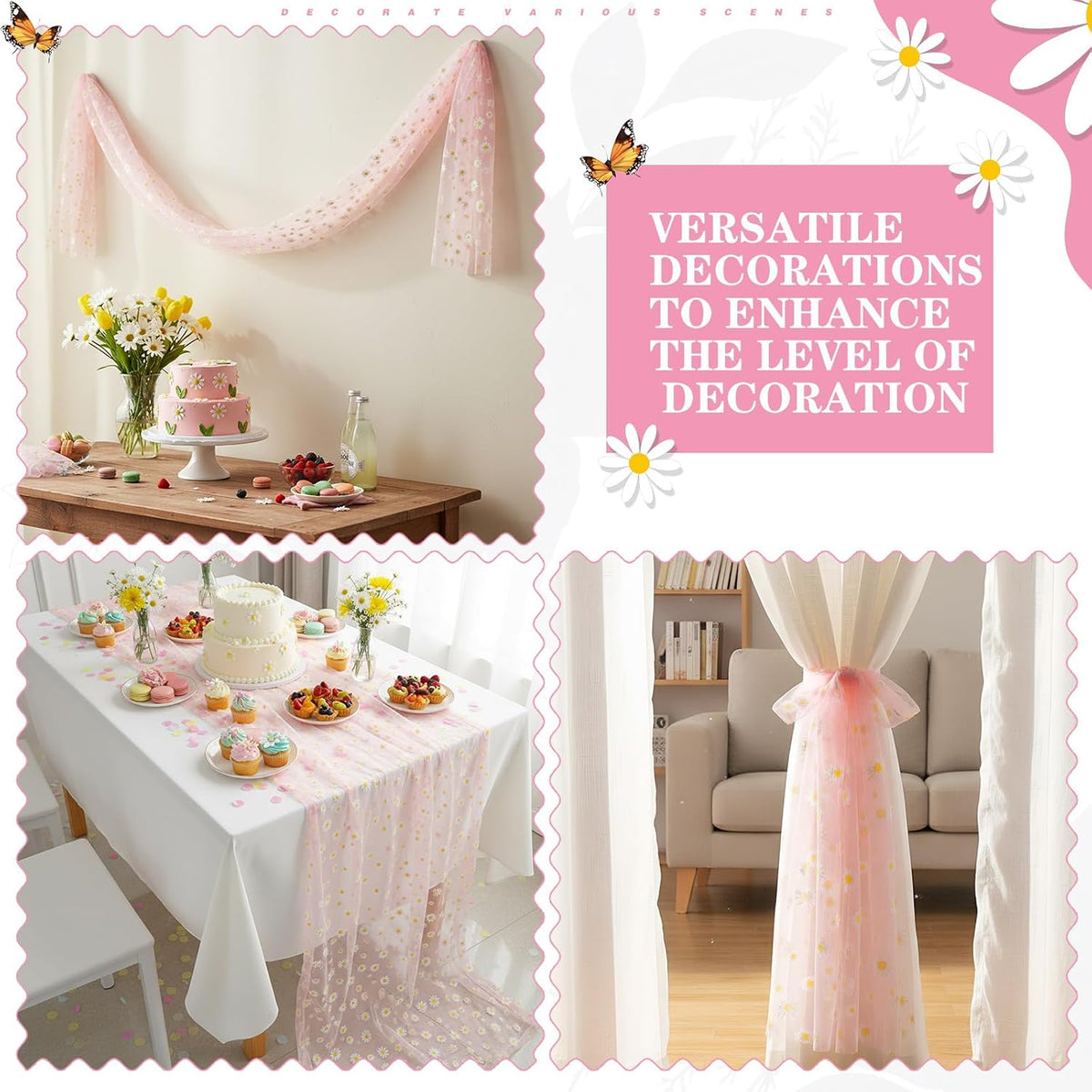 3 Pack 10ft Daisy Floral Tulle Table Runner, Pink