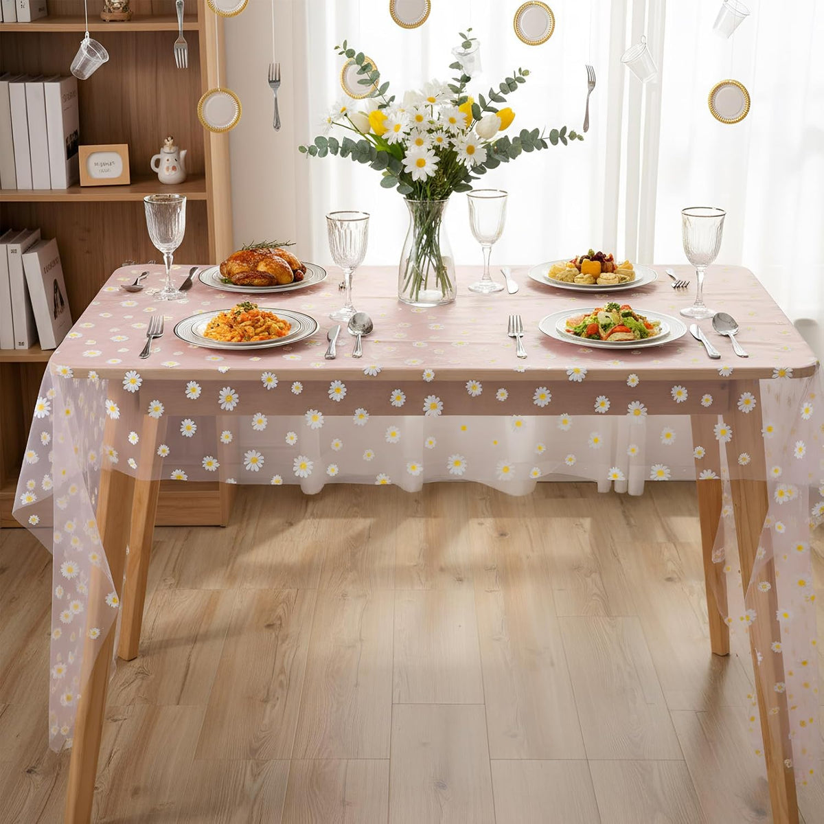 3 Pack 10ft Daisy Floral Tulle Table Runner, Pink