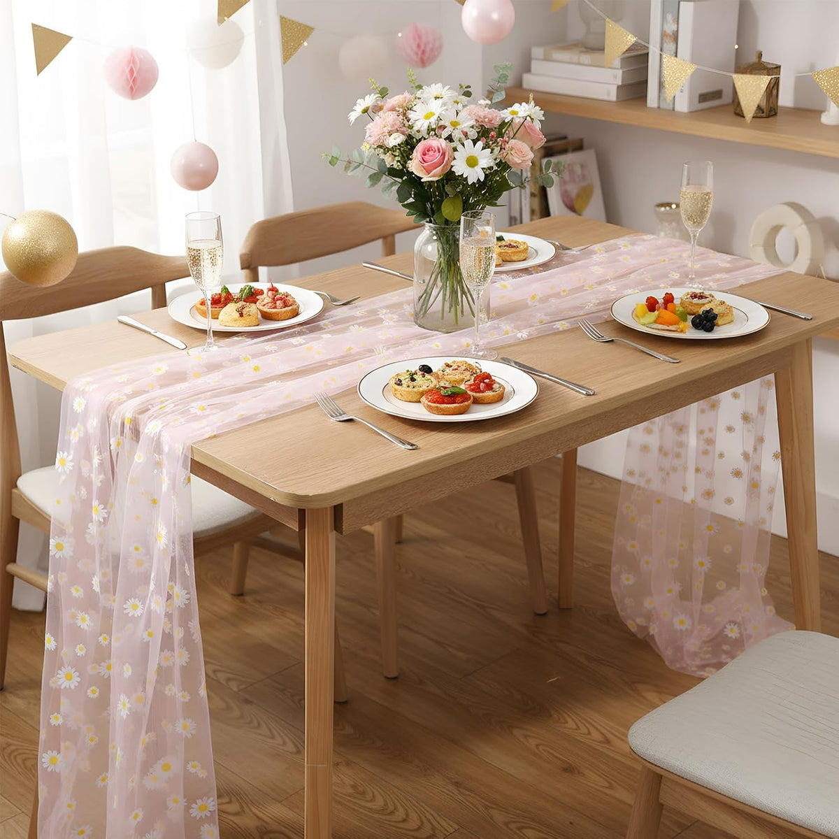 3 Pack 10ft Daisy Floral Tulle Table Runner, Pink