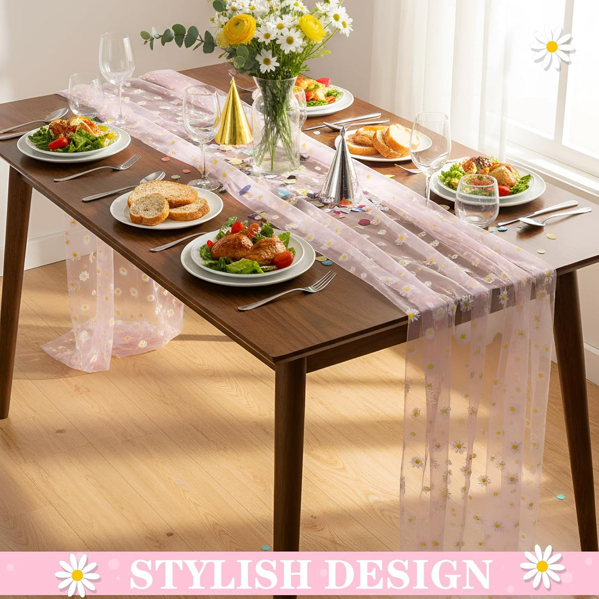 3 Pack 10ft Daisy Floral Tulle Table Runner, Pink
