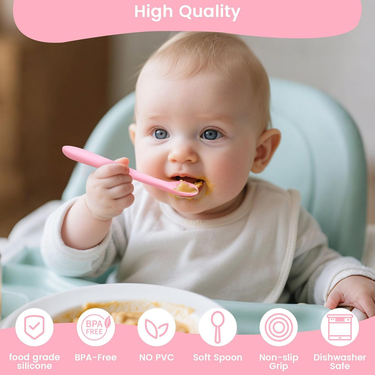 8PCS Silicone Feeding Spoons, Baby Spoons Silicone Training Spoons Baby Utensils Infant Spoons for First Stage Baby and Parents, small, Pink