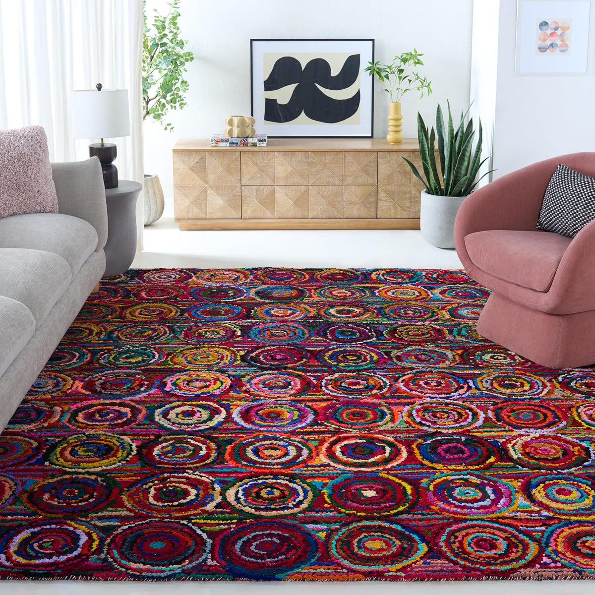 Nantucket Collection Area Rug - 10' x 14', Pink & Multi, Handmade Modern Abstract Boho Cotton, Ideal for High Traffic Areas in Living Room, Bedroom (NAN143A)