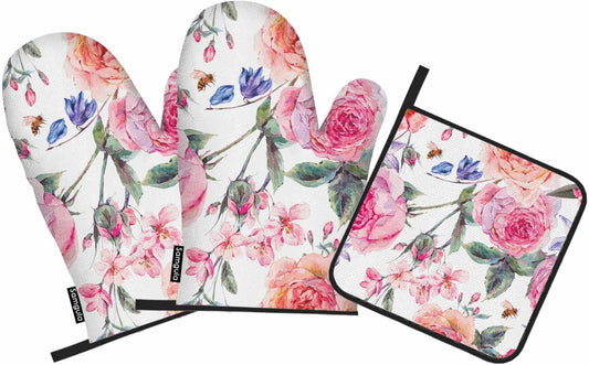 Pink Roses Oven Mitts and Pot Holders Sets Flower Garden Vintage Watercolor Heat Resistant 3pcs for Cooking Baking BBQ