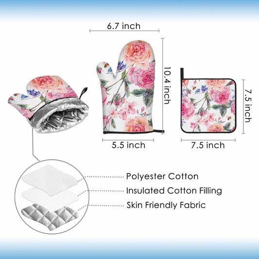 Pink Roses Oven Mitts and Pot Holders Sets Flower Garden Vintage Watercolor Heat Resistant 3pcs for Cooking Baking BBQ