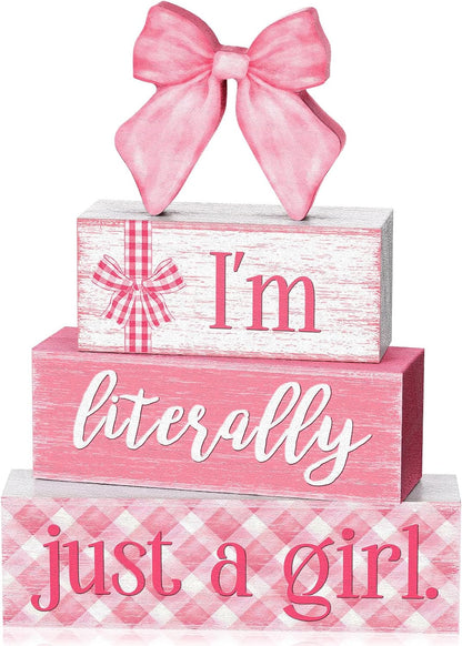 Pink Bow Stacked Wooden Block Signs Coquette Room Decor
