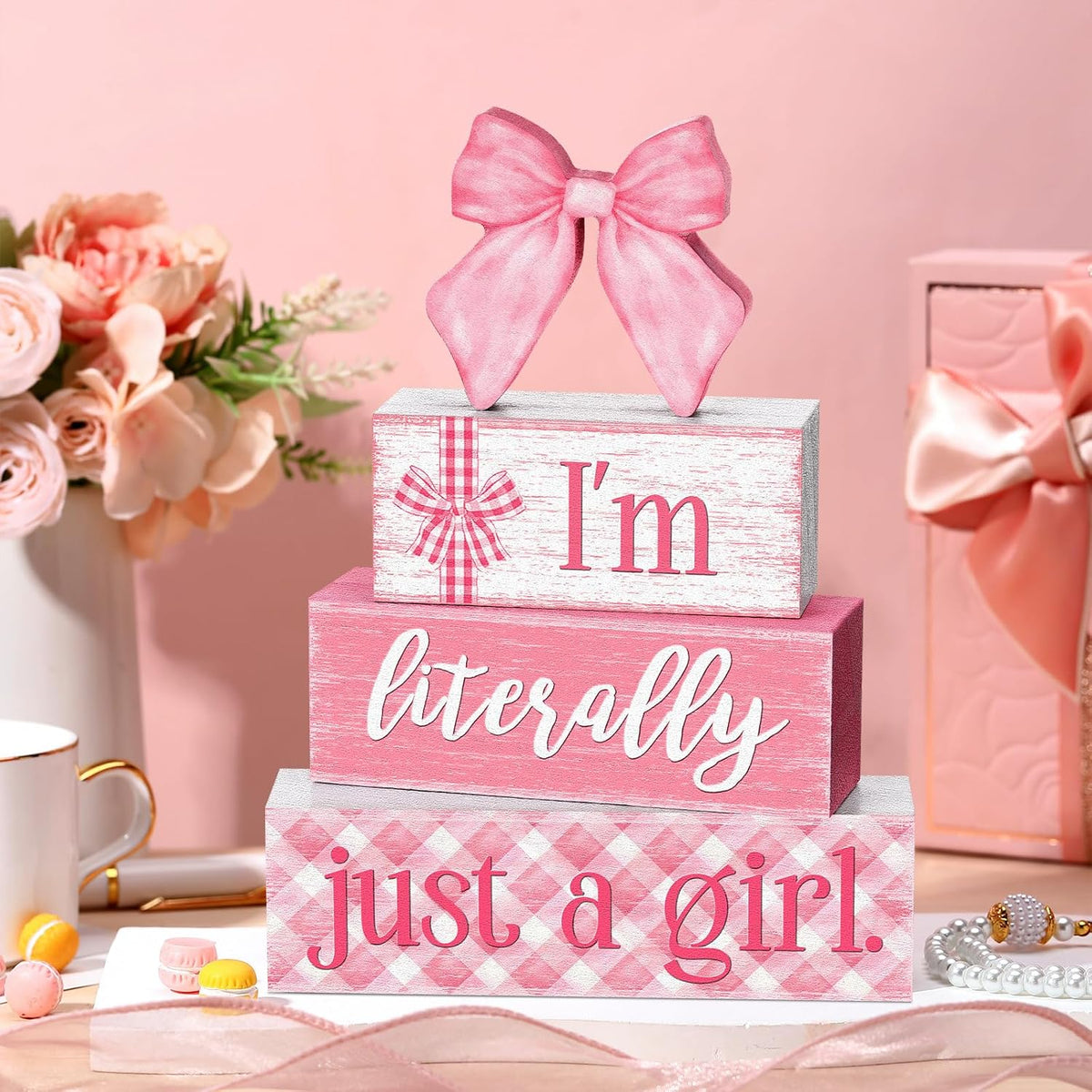 Pink Bow Stacked Wooden Block Signs Coquette Room Decor