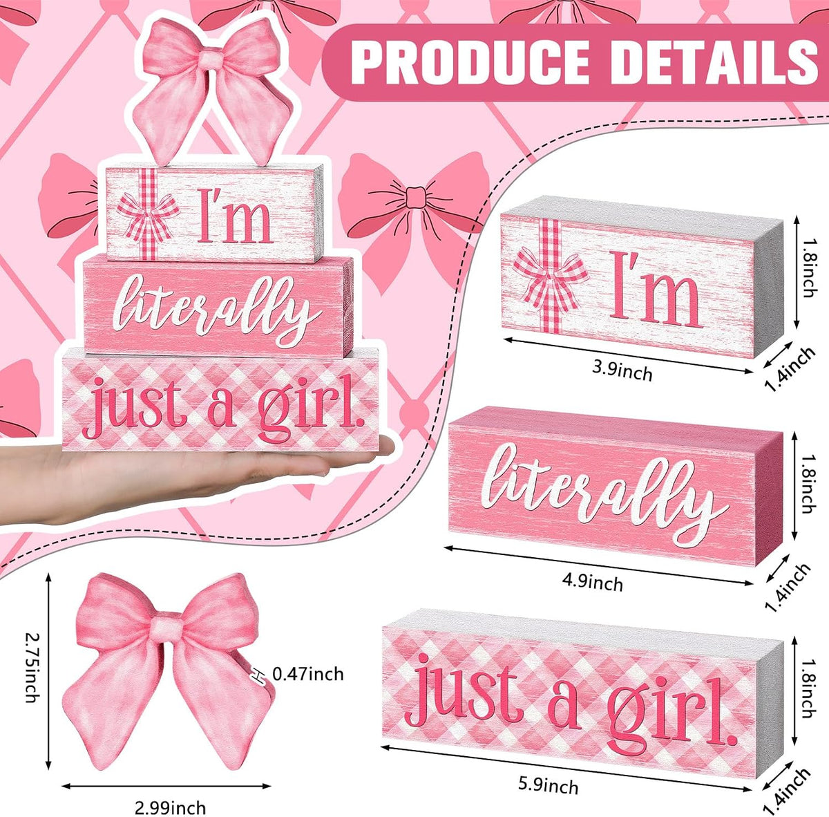 Pink Bow Stacked Wooden Block Signs Coquette Room Decor