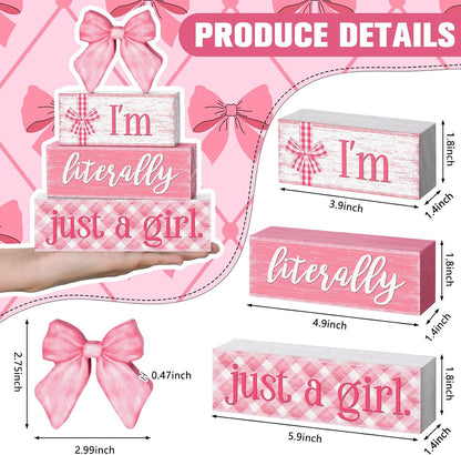 Pink Bow Stacked Wooden Block Signs Coquette Room Decor