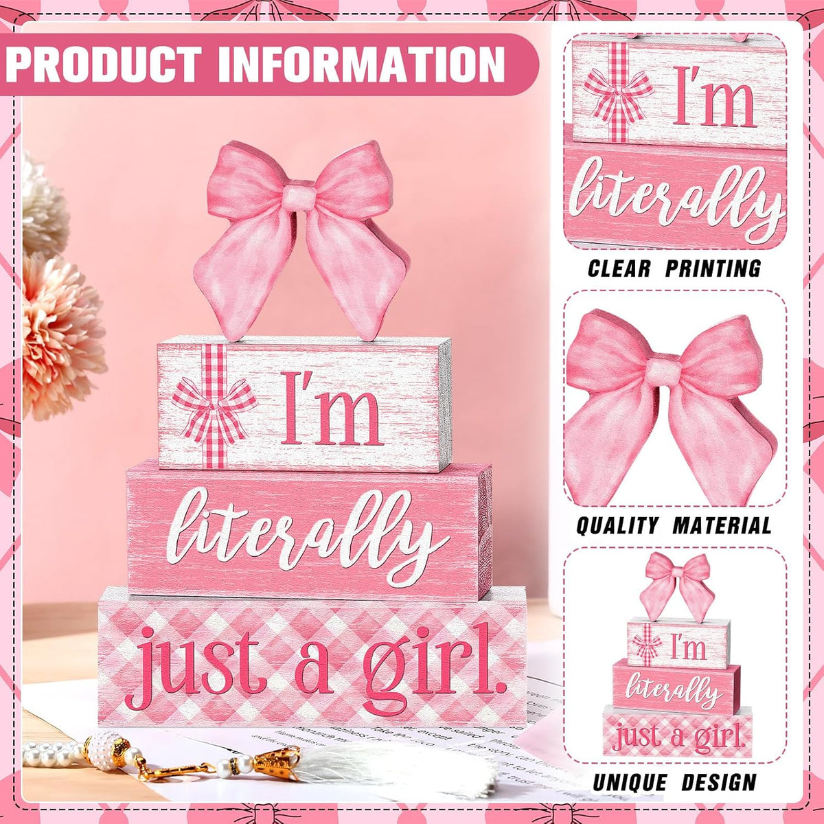 Pink Bow Stacked Wooden Block Signs Coquette Room Decor